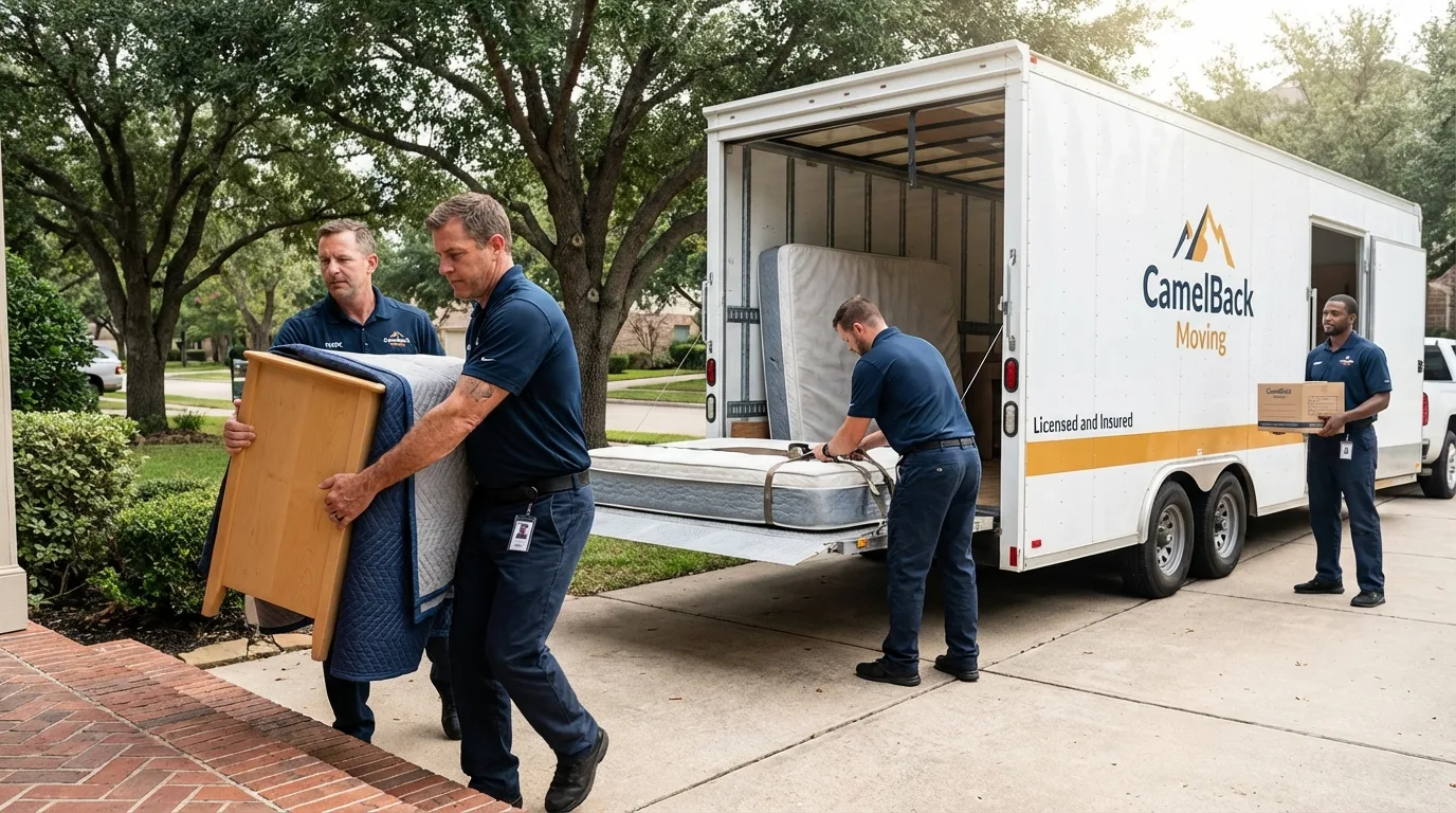 Crew loading residential truck for cross-state move from Plymouth, IN