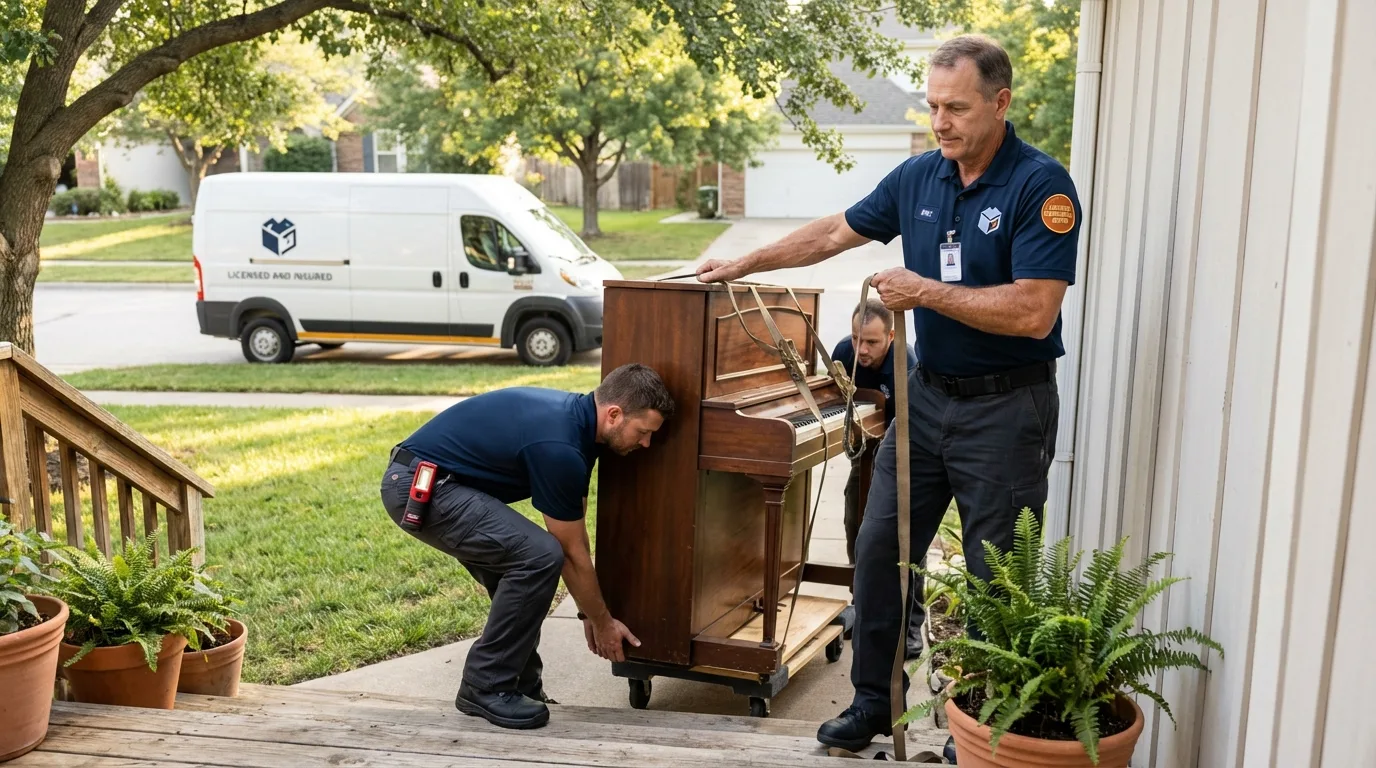 Licensed piano movers securing grand piano in Plymouth, IN