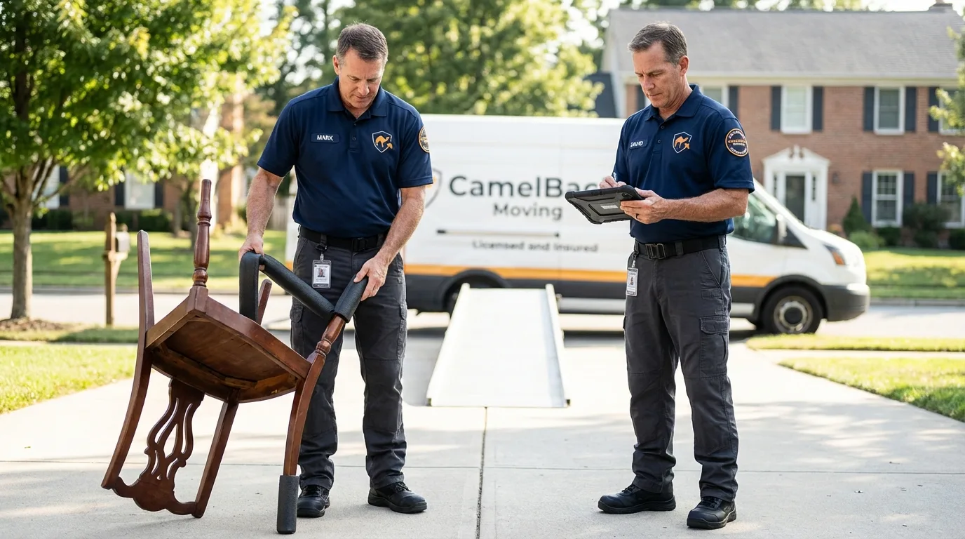 Movers inspecting furniture for damage prevention before loading in Plymouth, IN