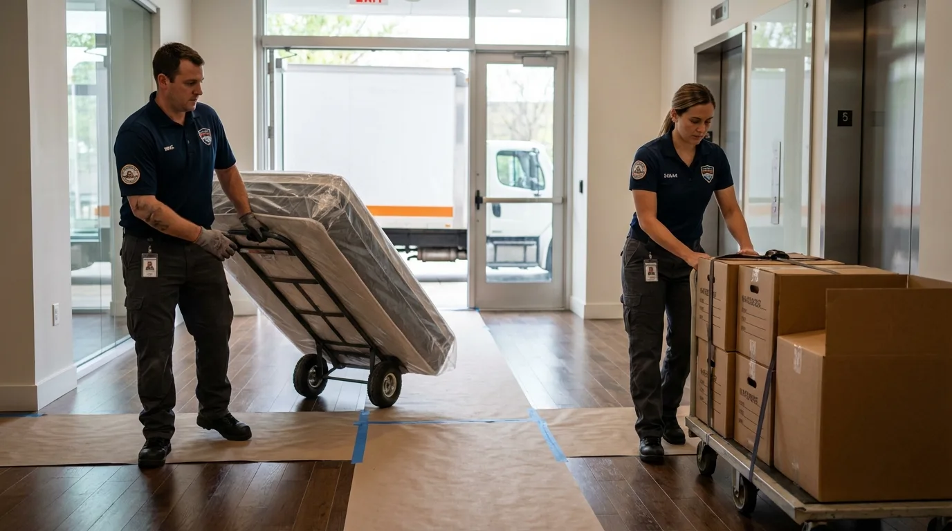 Professional apartment movers loading elevator in Plymouth, IN