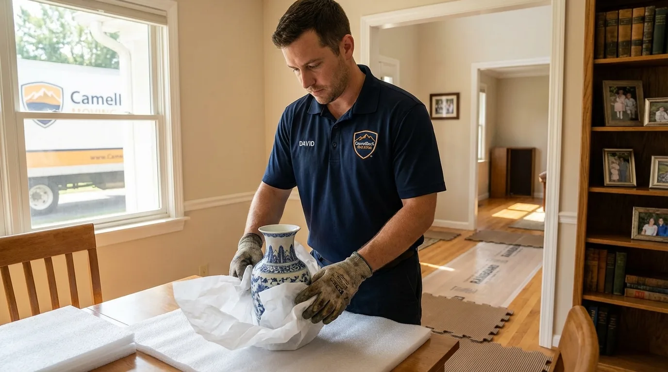 Professional crew carefully wrapping antique vase for senior downsizing move in Plymouth, IN