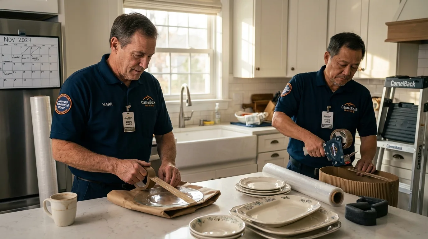 Professional crew packing kitchen dishware in Plymouth, IN